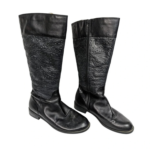 David Tate sz. 12W Bronco Floral Scroll Embossed Knee High Riding Boots Leather - Picture 1 of 14